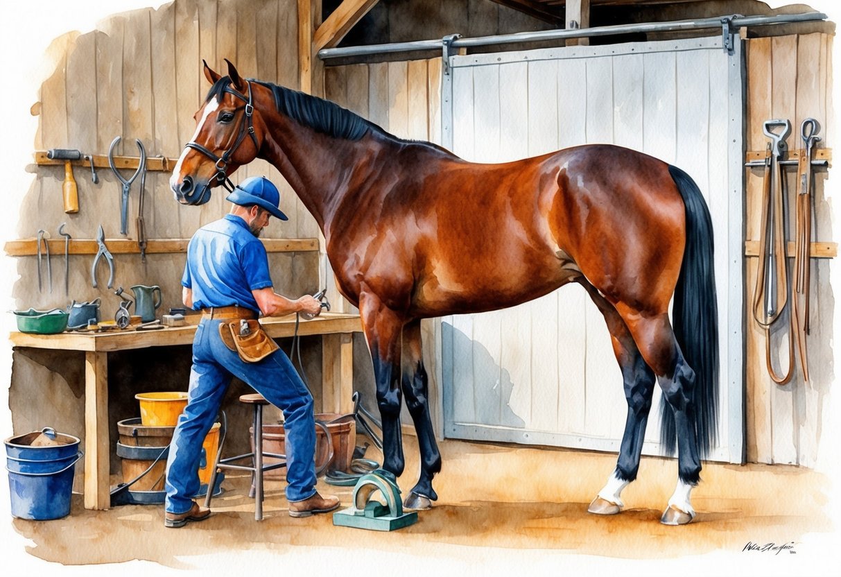 A horse farrier at work in a rustic barn, surrounded by tools and equipment. A horse stands calmly, its hoof lifted for the farrier to work on