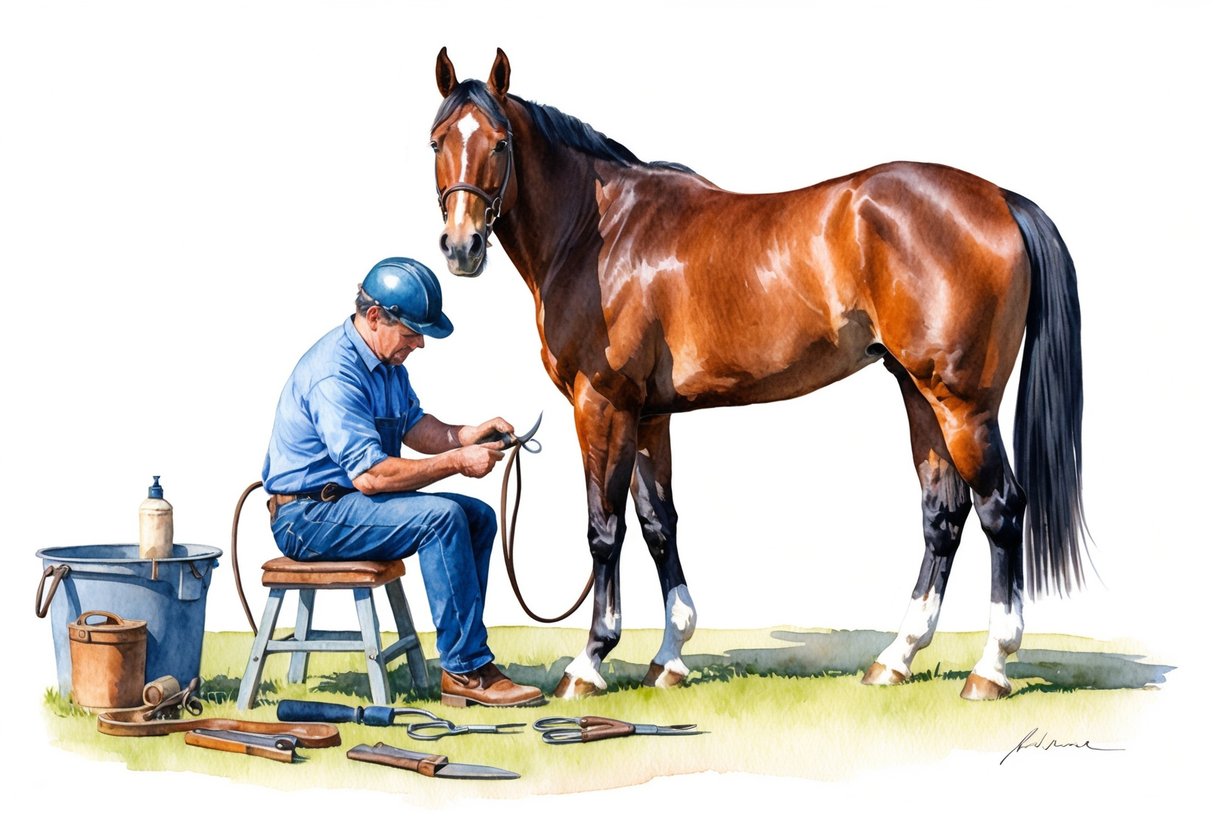 A horse standing calmly as a farrier trims and files its hooves, surrounded by tools and equipment for regular hoof care