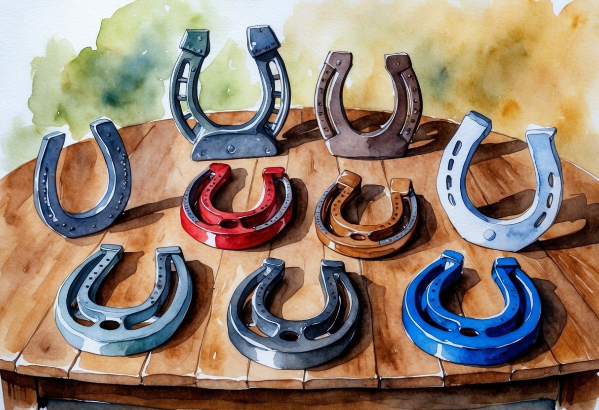 A variety of horseshoes displayed on a wooden table, each with unique features for different purposes