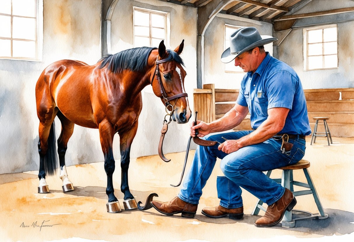 A horse farrier carefully shaping a horse's hoof with precision tools in a well-lit, tidy barn